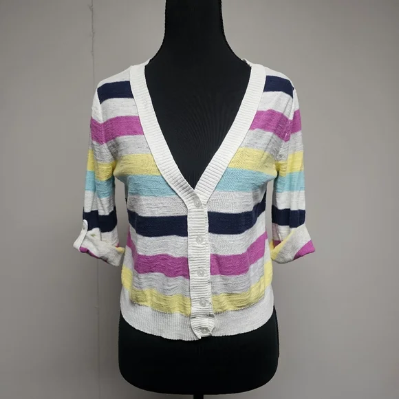 Arizona Jeans Y2k Cropped Roll Tab Sleeve Striped Cardigans Coral Green White - Picture 10 of 12